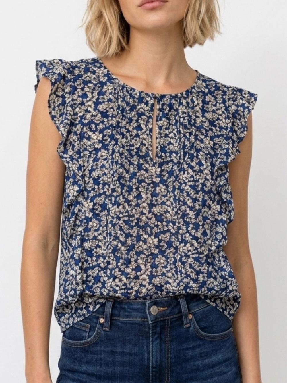 J.Crew Cascade Ruffle Floral Blouse Blue White Size 2